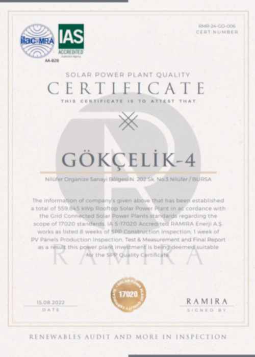 Solar Power Plant Quality Certificate